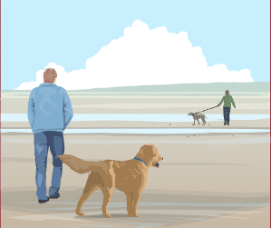 Drawing of dog walkers on a beach