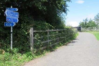 A path next to a hedge with a wooden fence. There is a signpost with four blue signs.