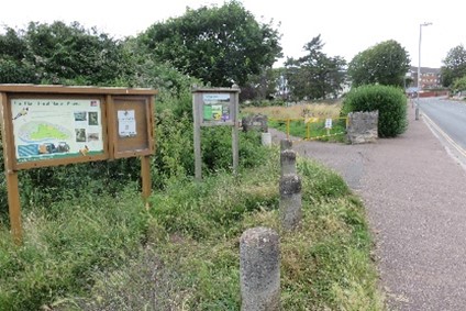 Bollards and signs in front of a hedge.