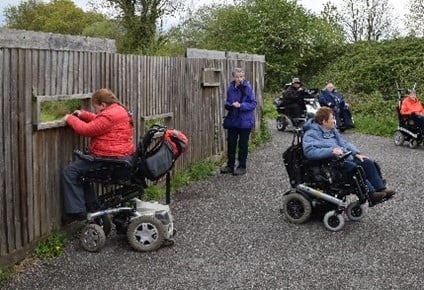 People using disability scooters by a fence with holes for wildlife watching.