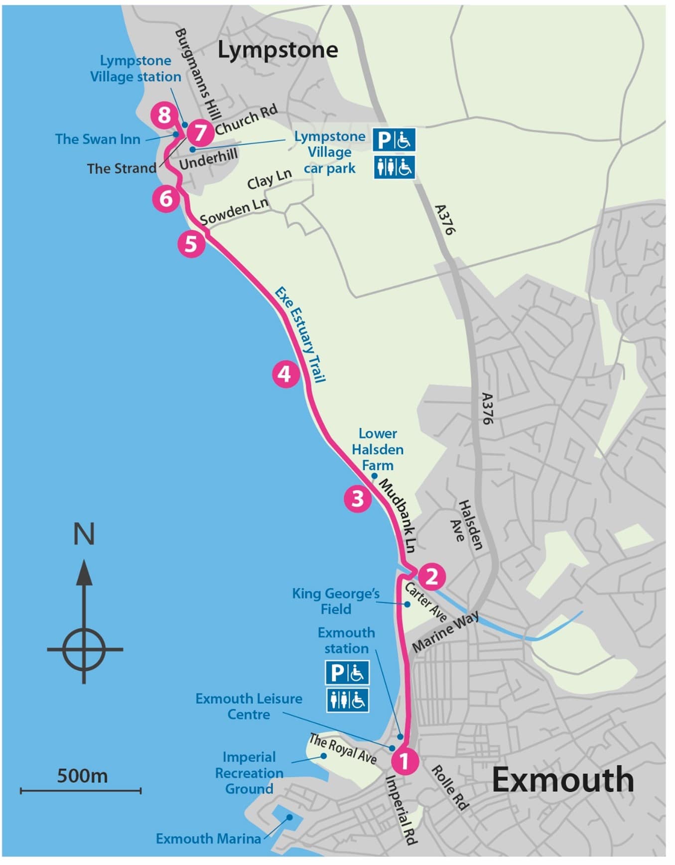 A map of the route from Exmouth to Lympstone..
