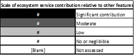 A table displaying the scale of ecosystem service contribution relative to other features