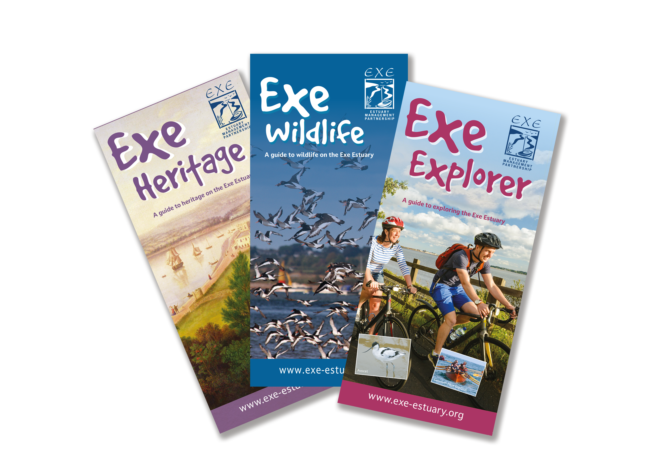 The three Exe Estuary leaflets - Exe Heritage, Exe Wildlife and Exe Explorer