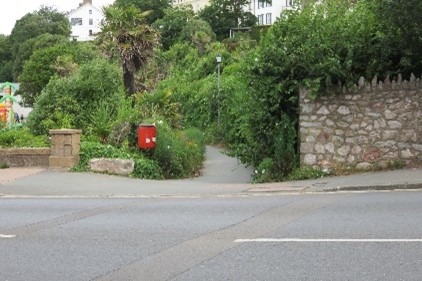 A road with a path on the other side with a hedge.
