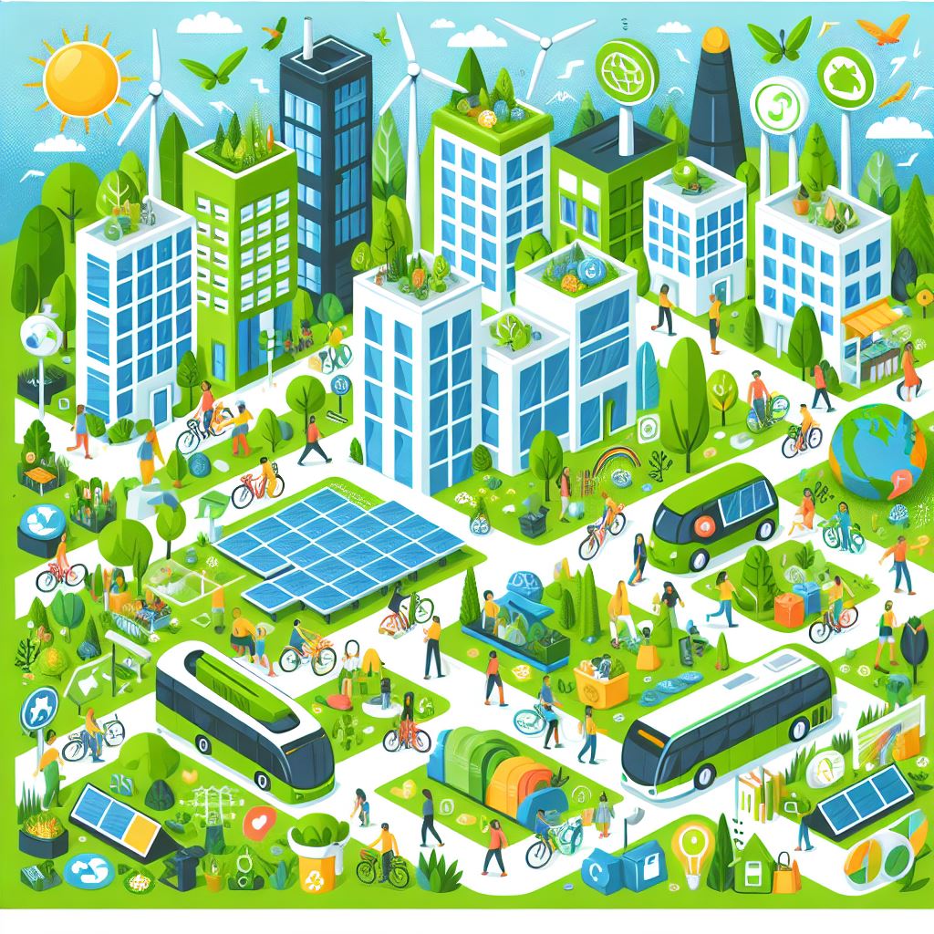 A cartoon image of a 'green' city with lots of plants etc.